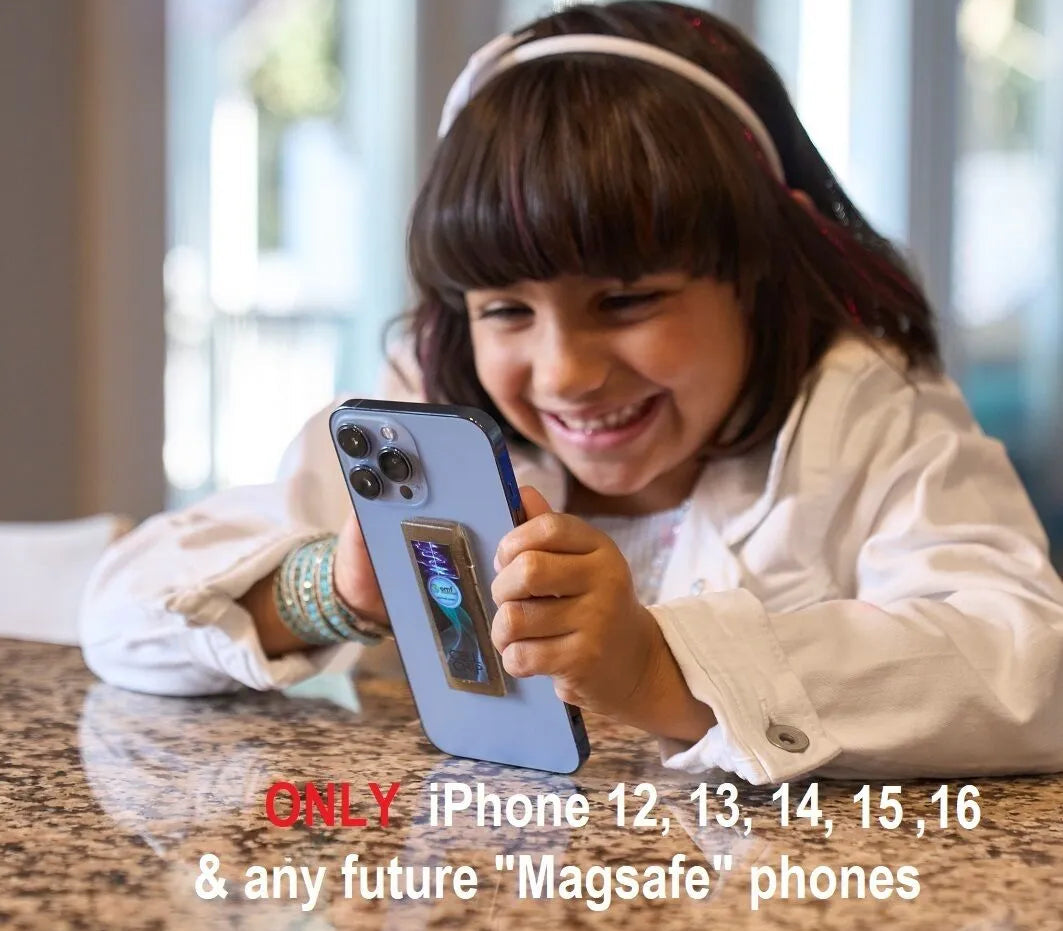 Child holding a phone with text about compatible iPhone models