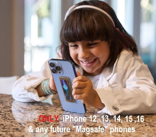 Child holding a phone with text about compatible iPhone models